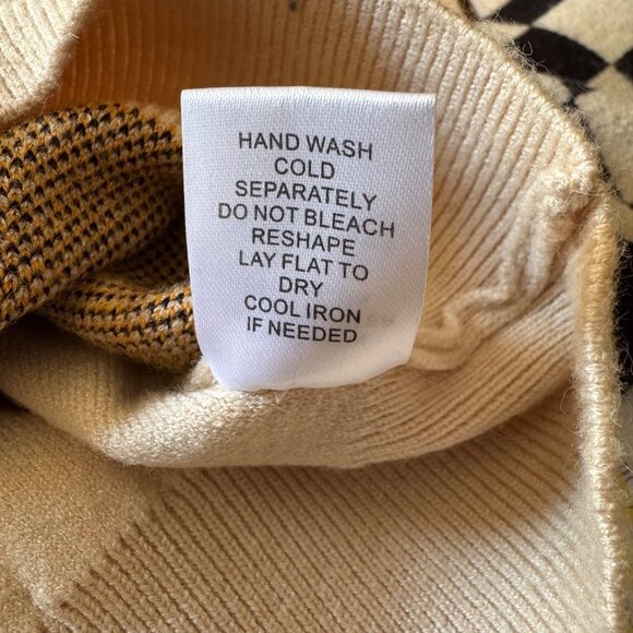 Originality Smiley Face Sweater XL Y2K Retro Checker Sleeves Beige Knit Pullover - Picture 4 of 6